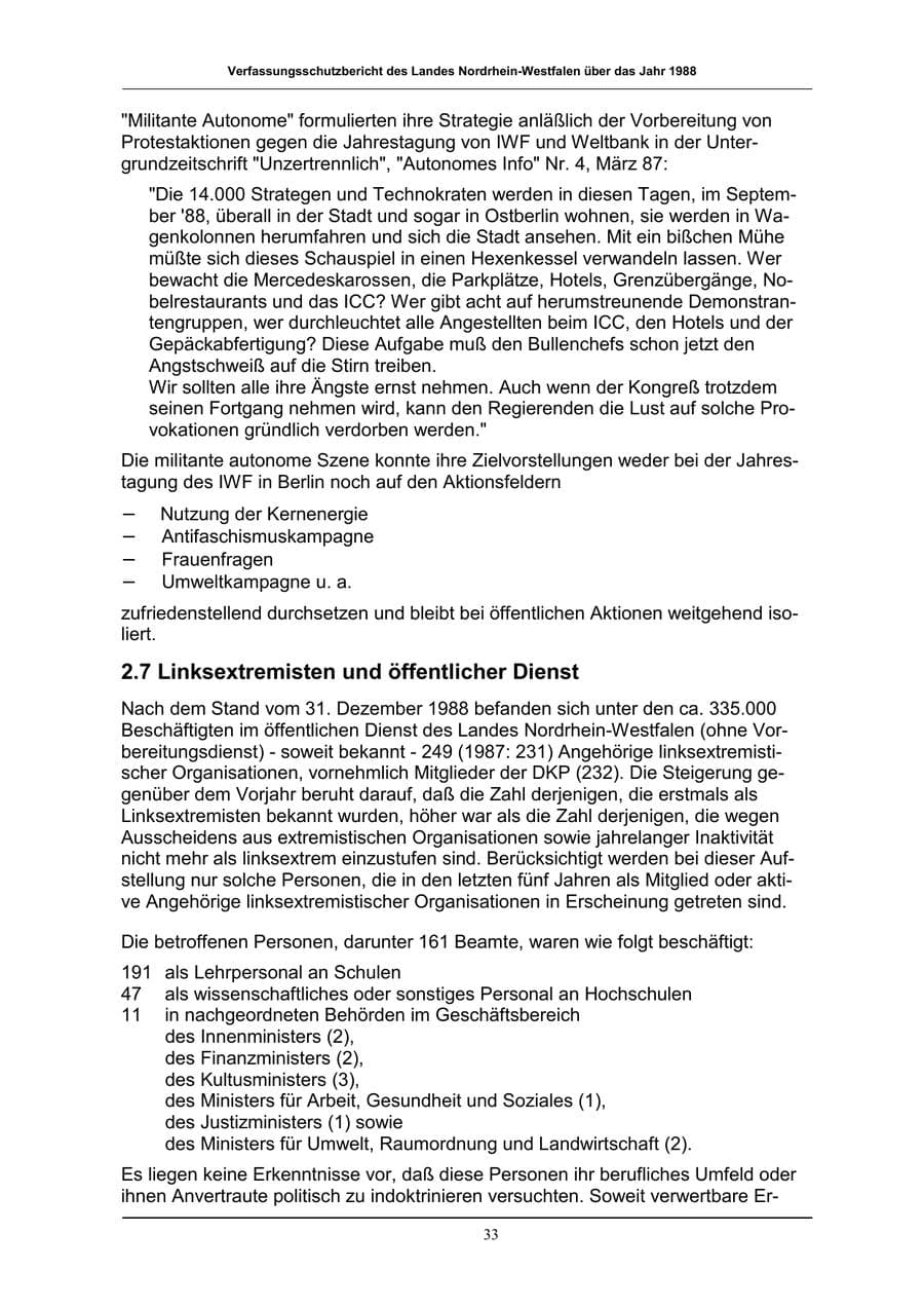 Seite 33 des Verfassungsschutzbericht 1988 Nordrhein-Westfalen