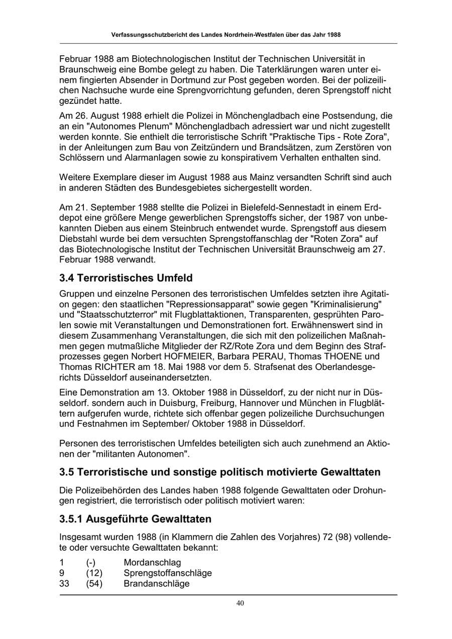 Seite 40 des Verfassungsschutzbericht 1988 Nordrhein-Westfalen