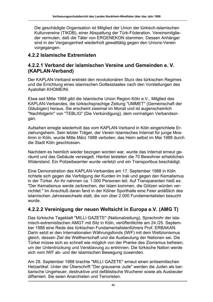 Seite 46 des Verfassungsschutzbericht 1988 Nordrhein-Westfalen