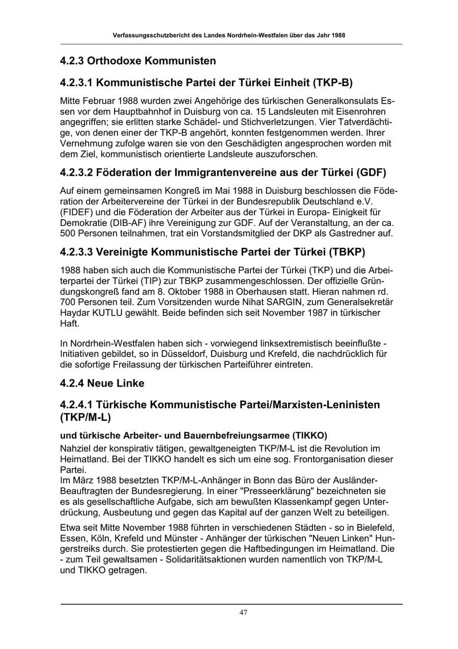 Seite 47 des Verfassungsschutzbericht 1988 Nordrhein-Westfalen