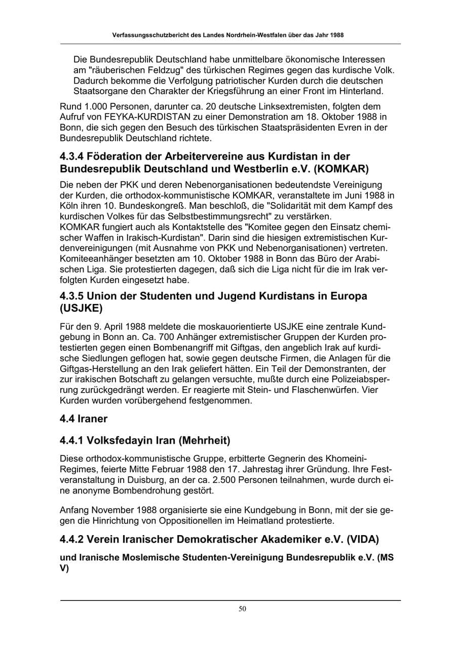 Seite 50 des Verfassungsschutzbericht 1988 Nordrhein-Westfalen