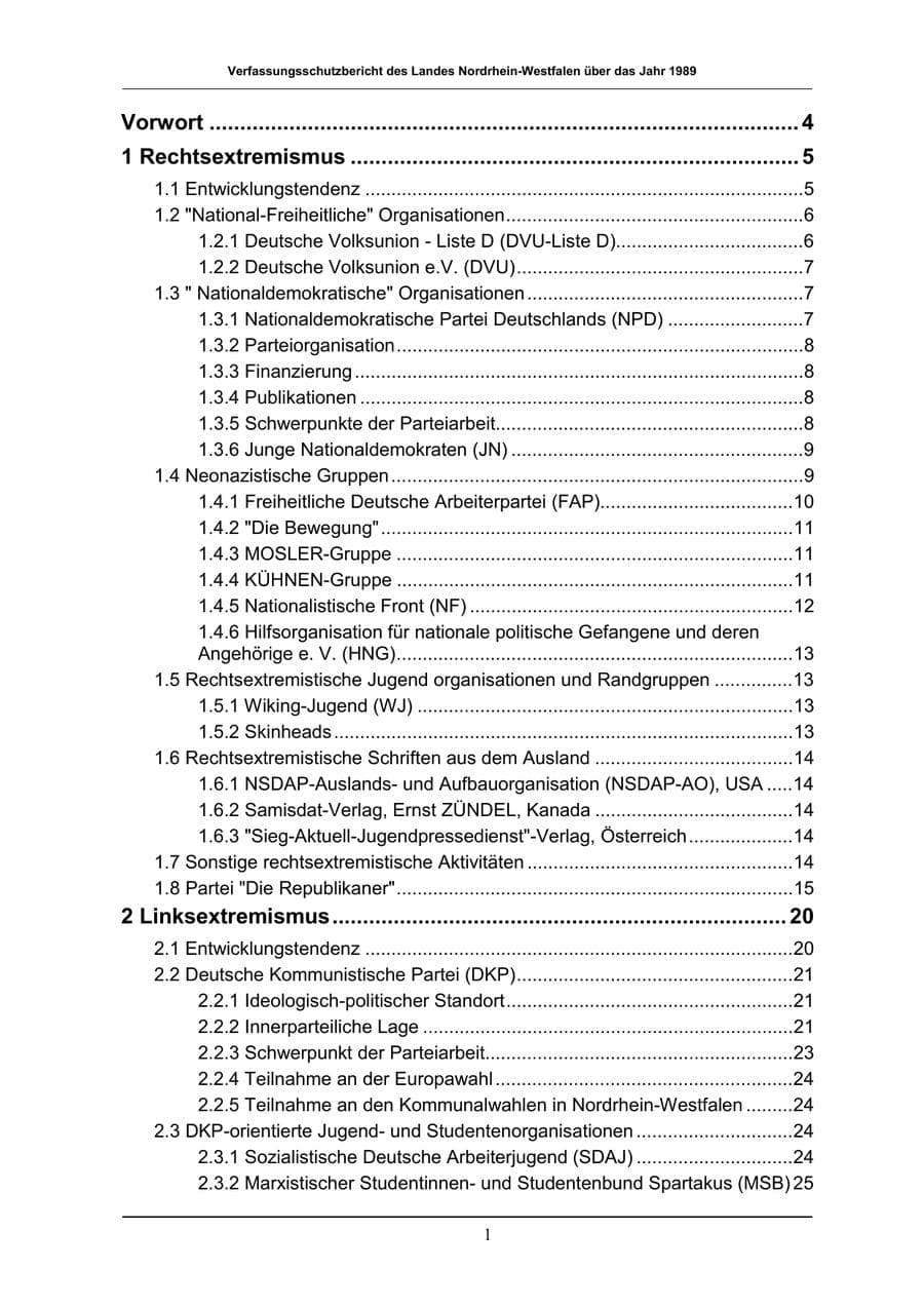 Seite 1 des Verfassungsschutzbericht 1989 Nordrhein-Westfalen