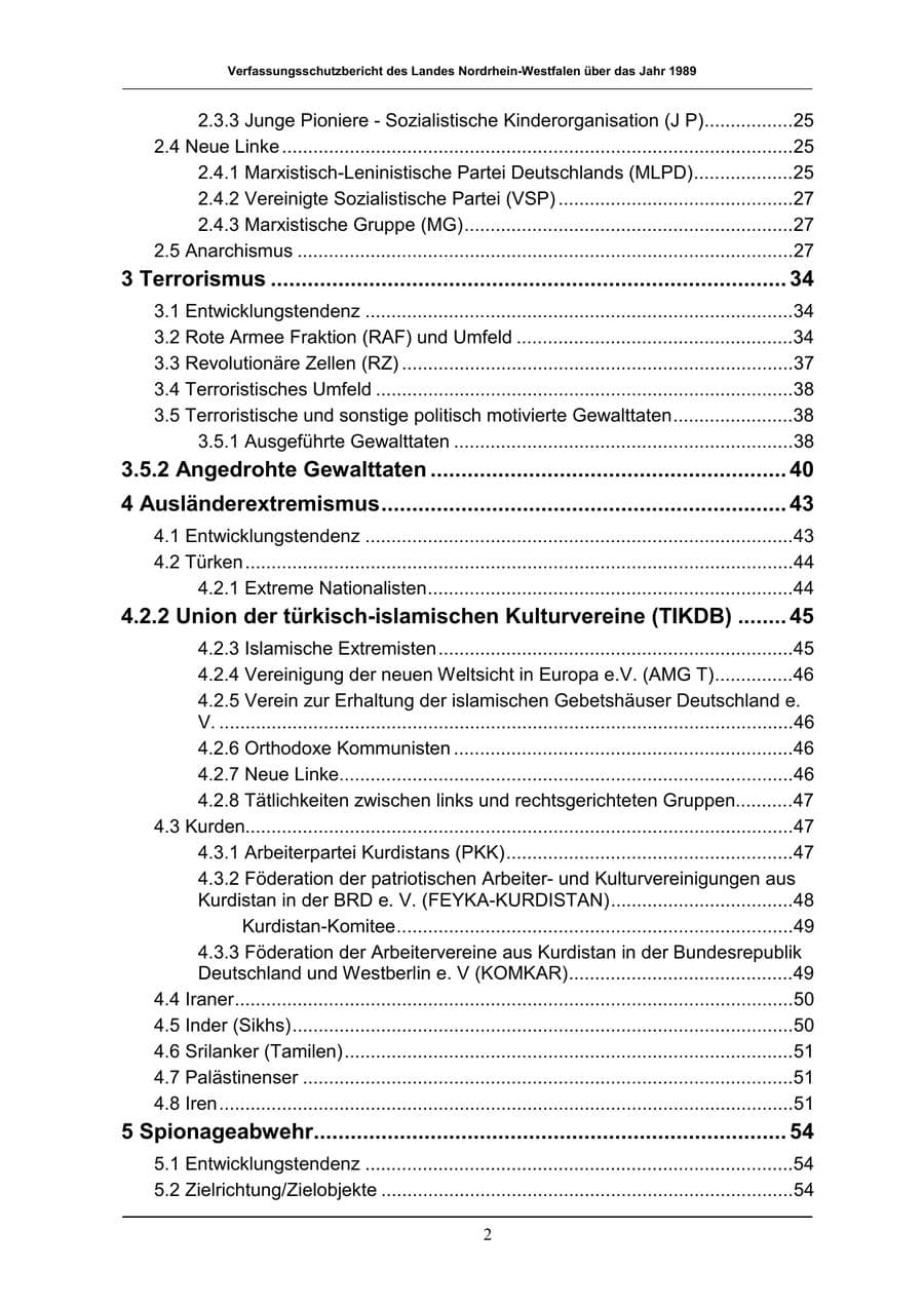 Seite 2 des Verfassungsschutzbericht 1989 Nordrhein-Westfalen