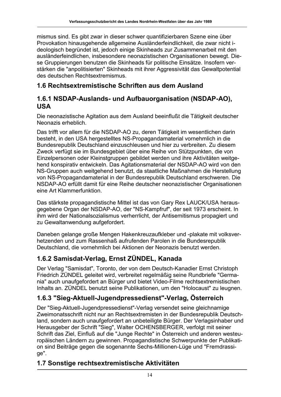 Seite 14 des Verfassungsschutzbericht 1989 Nordrhein-Westfalen