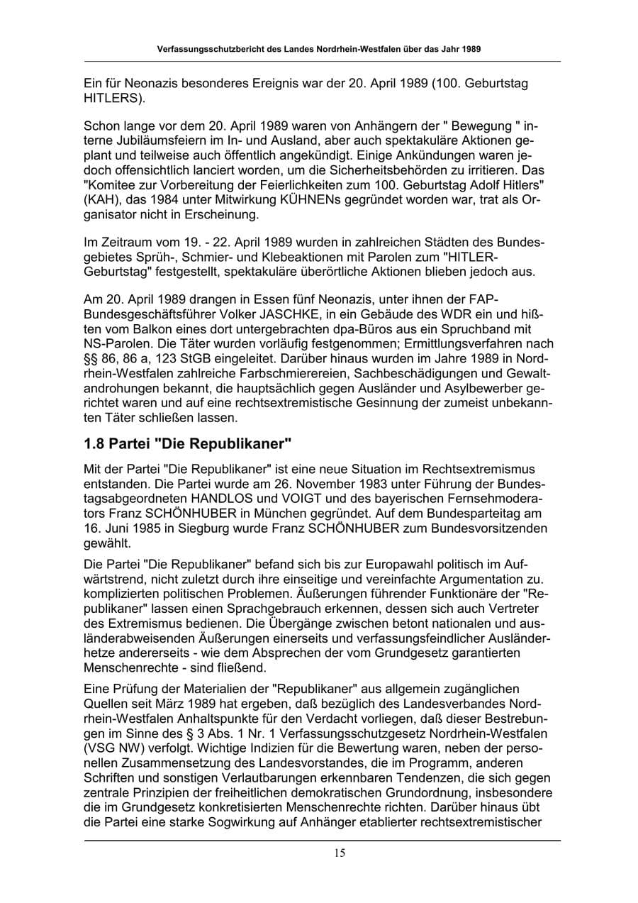 Seite 15 des Verfassungsschutzbericht 1989 Nordrhein-Westfalen