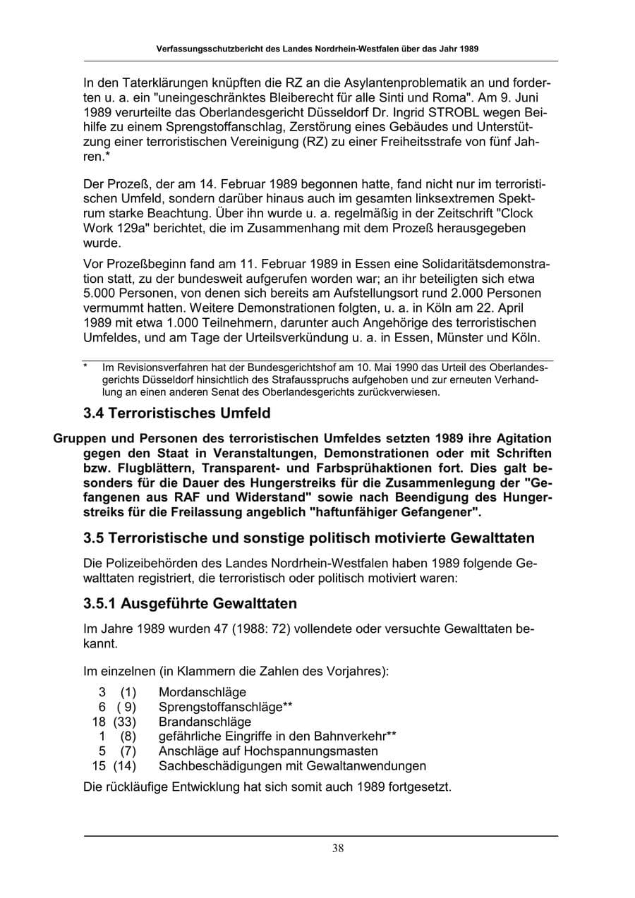Seite 38 des Verfassungsschutzbericht 1989 Nordrhein-Westfalen