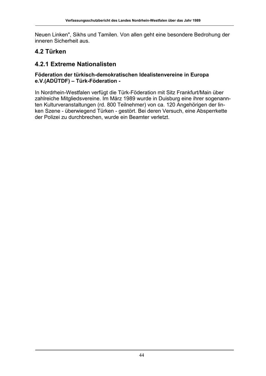 Seite 44 des Verfassungsschutzbericht 1989 Nordrhein-Westfalen