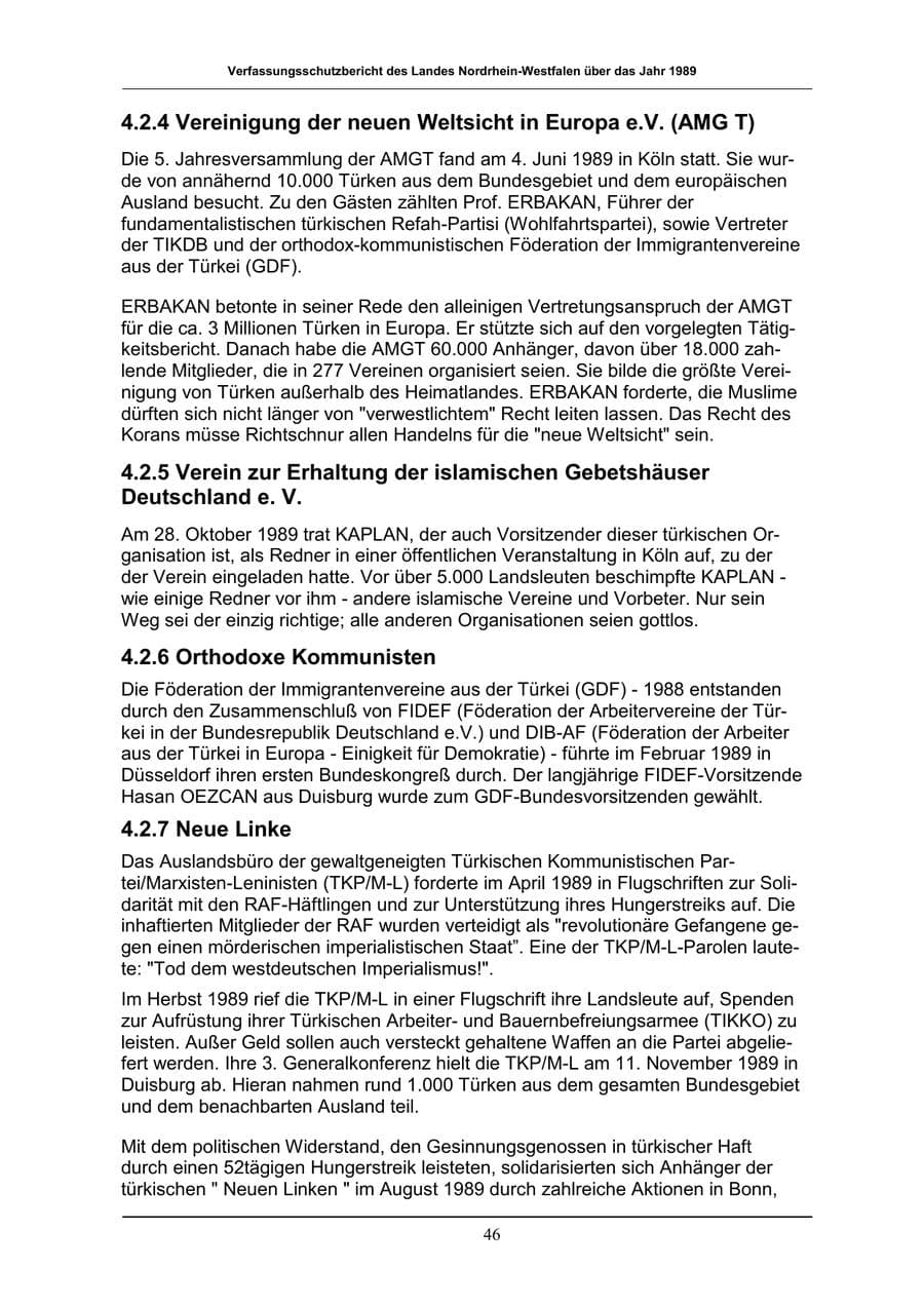 Seite 46 des Verfassungsschutzbericht 1989 Nordrhein-Westfalen