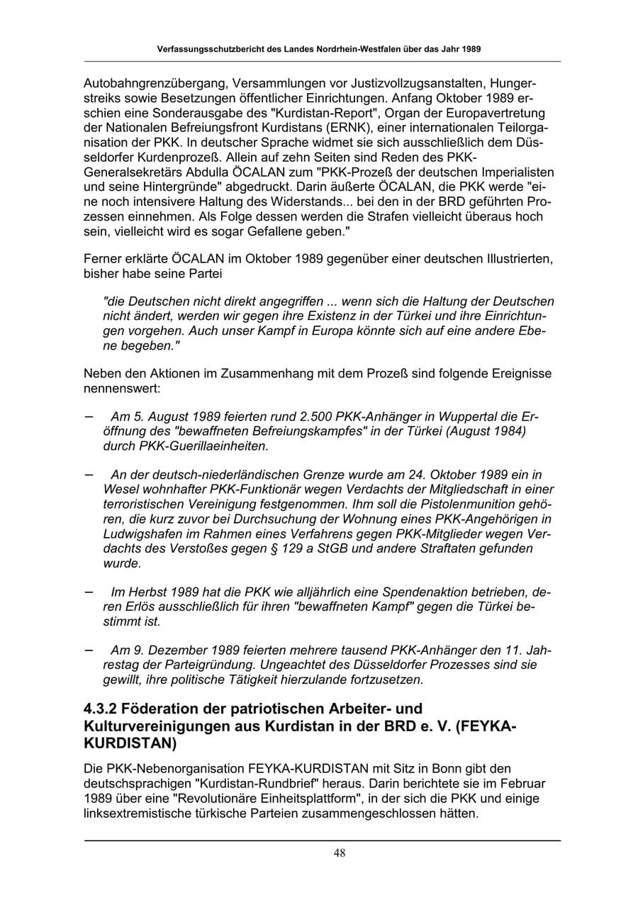 Seite 48 des Verfassungsschutzbericht 1989 Nordrhein-Westfalen