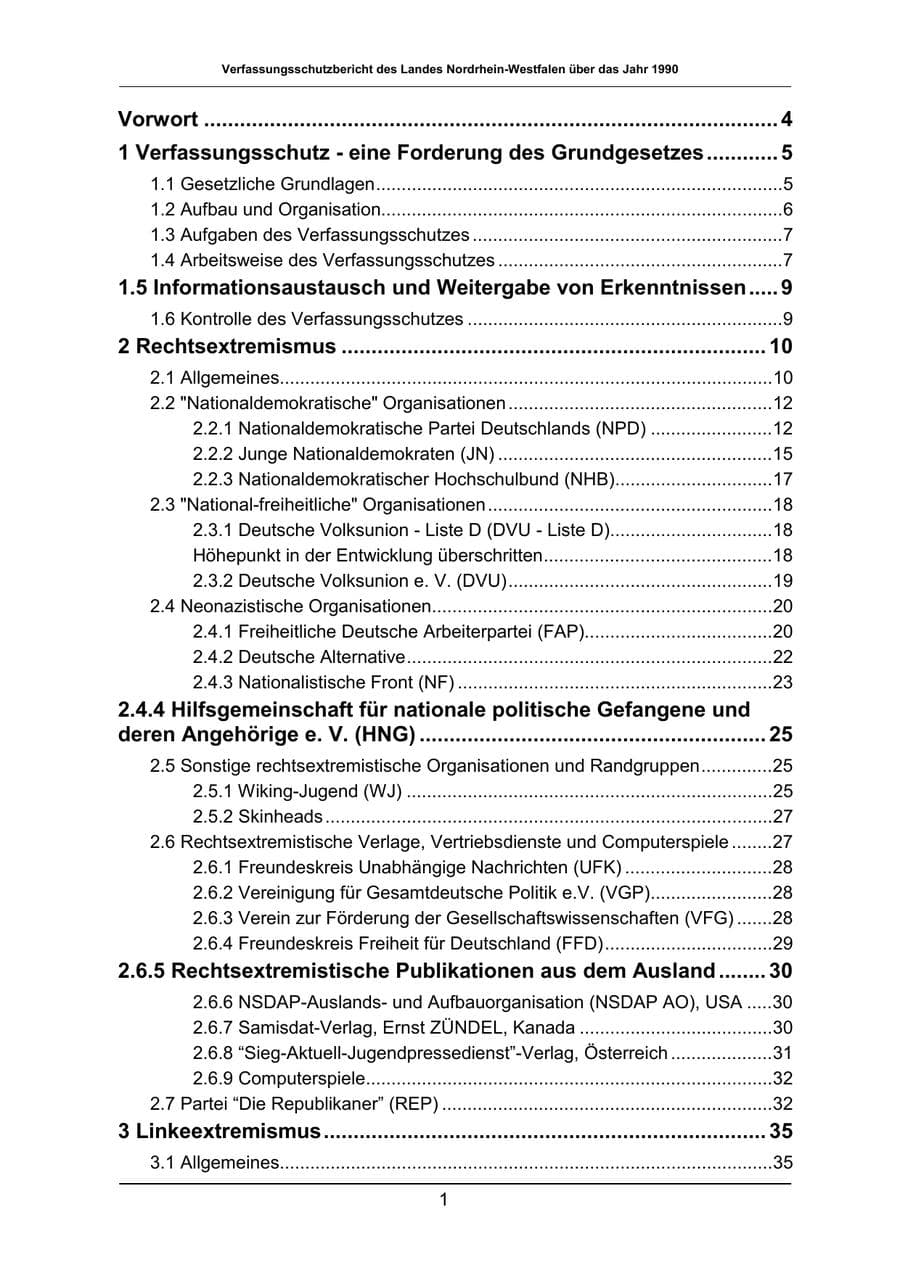 Seite 1 des Verfassungsschutzbericht 1990 Nordrhein-Westfalen