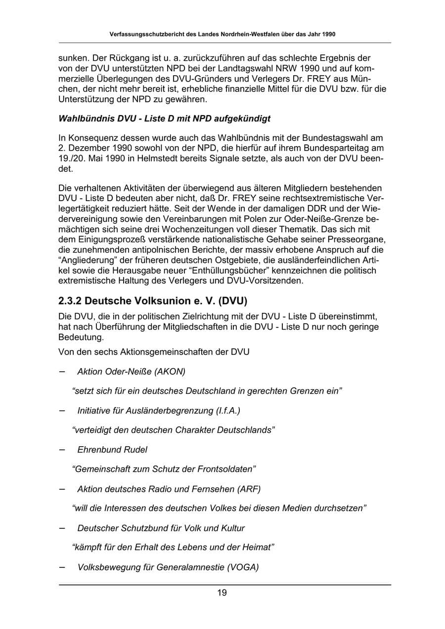 Seite 19 des Verfassungsschutzbericht 1990 Nordrhein-Westfalen