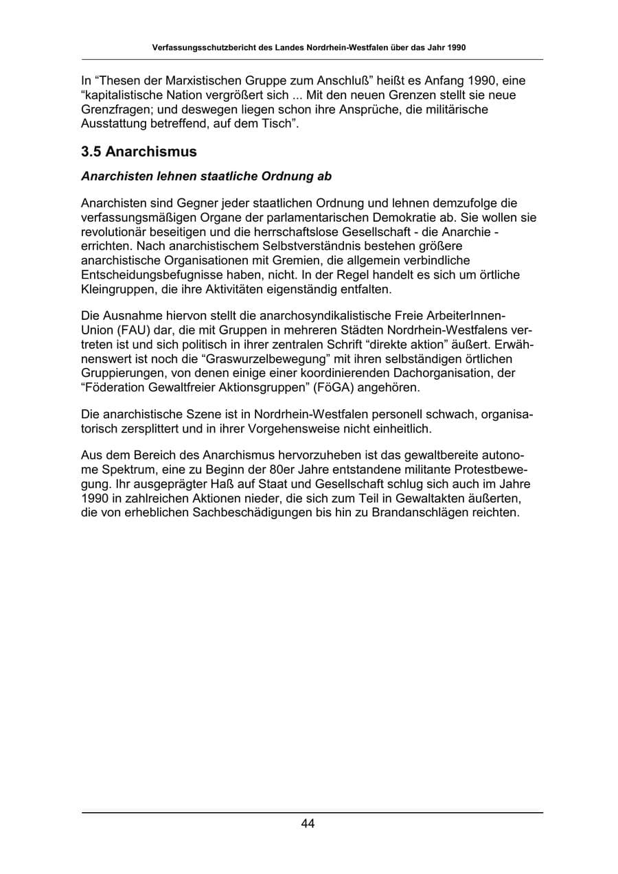 Seite 44 des Verfassungsschutzbericht 1990 Nordrhein-Westfalen