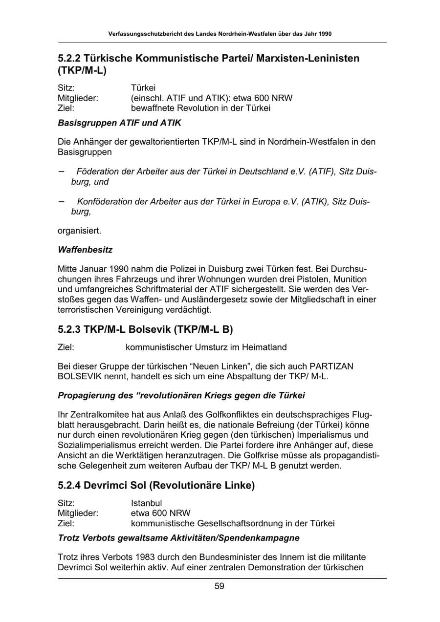 Seite 59 des Verfassungsschutzbericht 1990 Nordrhein-Westfalen