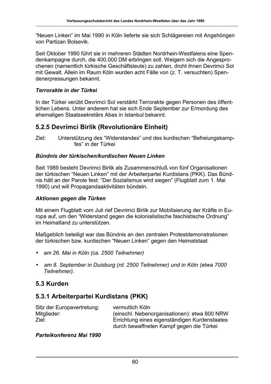Seite 60 des Verfassungsschutzbericht 1990 Nordrhein-Westfalen