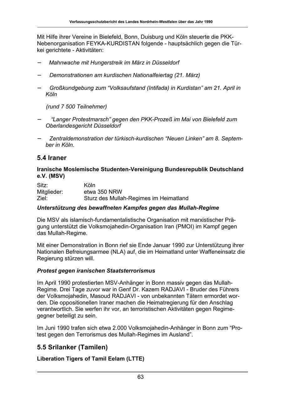 Seite 63 des Verfassungsschutzbericht 1990 Nordrhein-Westfalen