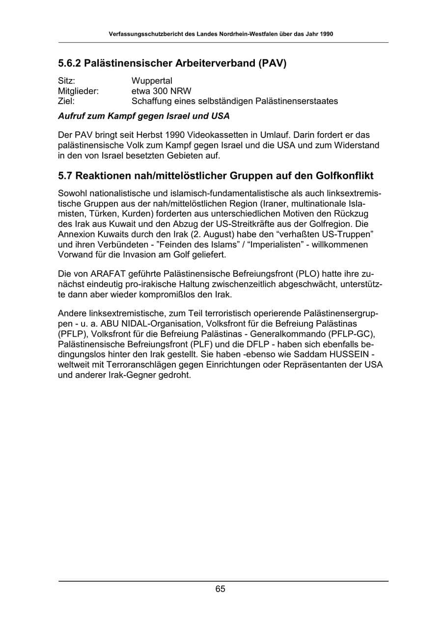 Seite 65 des Verfassungsschutzbericht 1990 Nordrhein-Westfalen