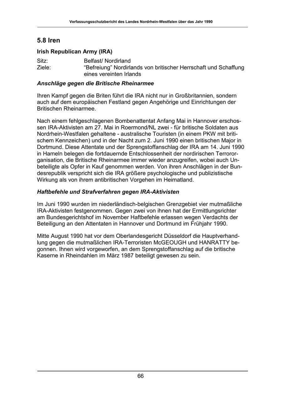 Seite 66 des Verfassungsschutzbericht 1990 Nordrhein-Westfalen