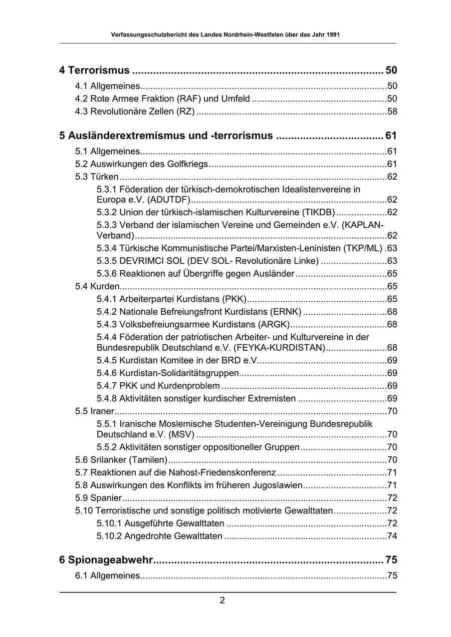 Seite 2 des Verfassungsschutzbericht 1991 Nordrhein-Westfalen