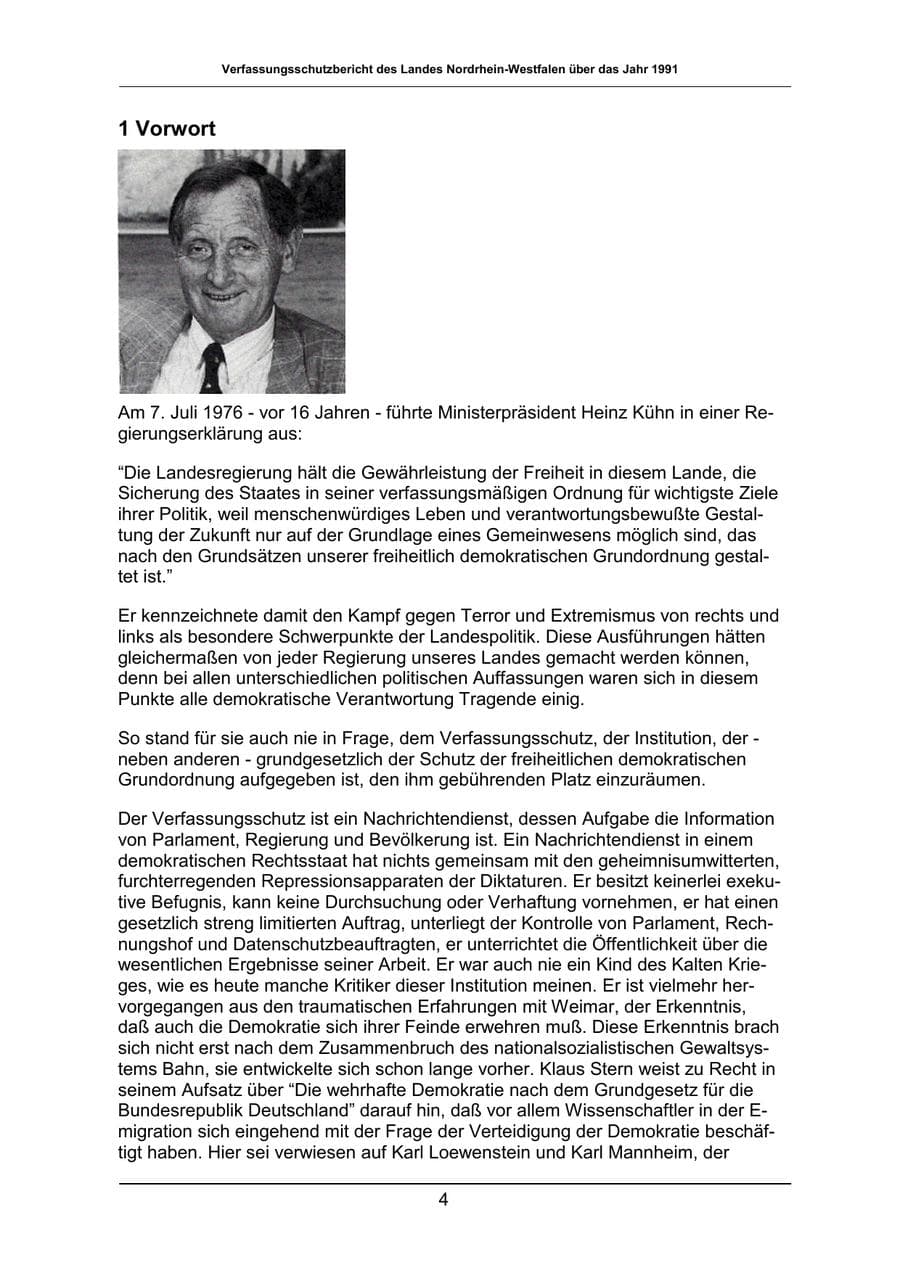 Seite 4 des Verfassungsschutzbericht 1991 Nordrhein-Westfalen