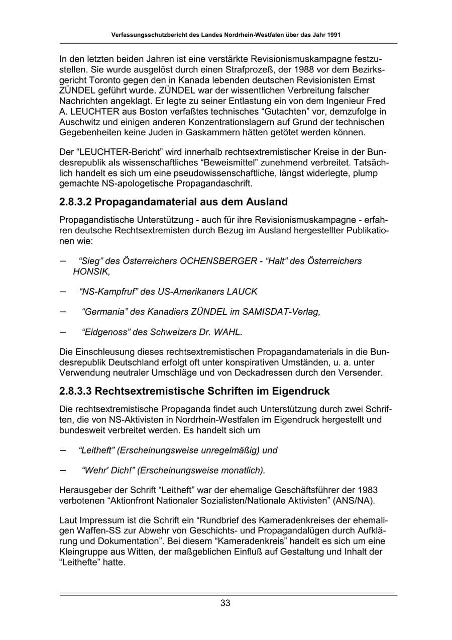 Seite 33 des Verfassungsschutzbericht 1991 Nordrhein-Westfalen
