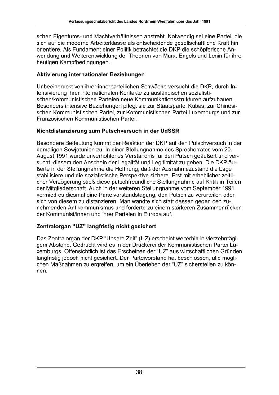 Seite 38 des Verfassungsschutzbericht 1991 Nordrhein-Westfalen