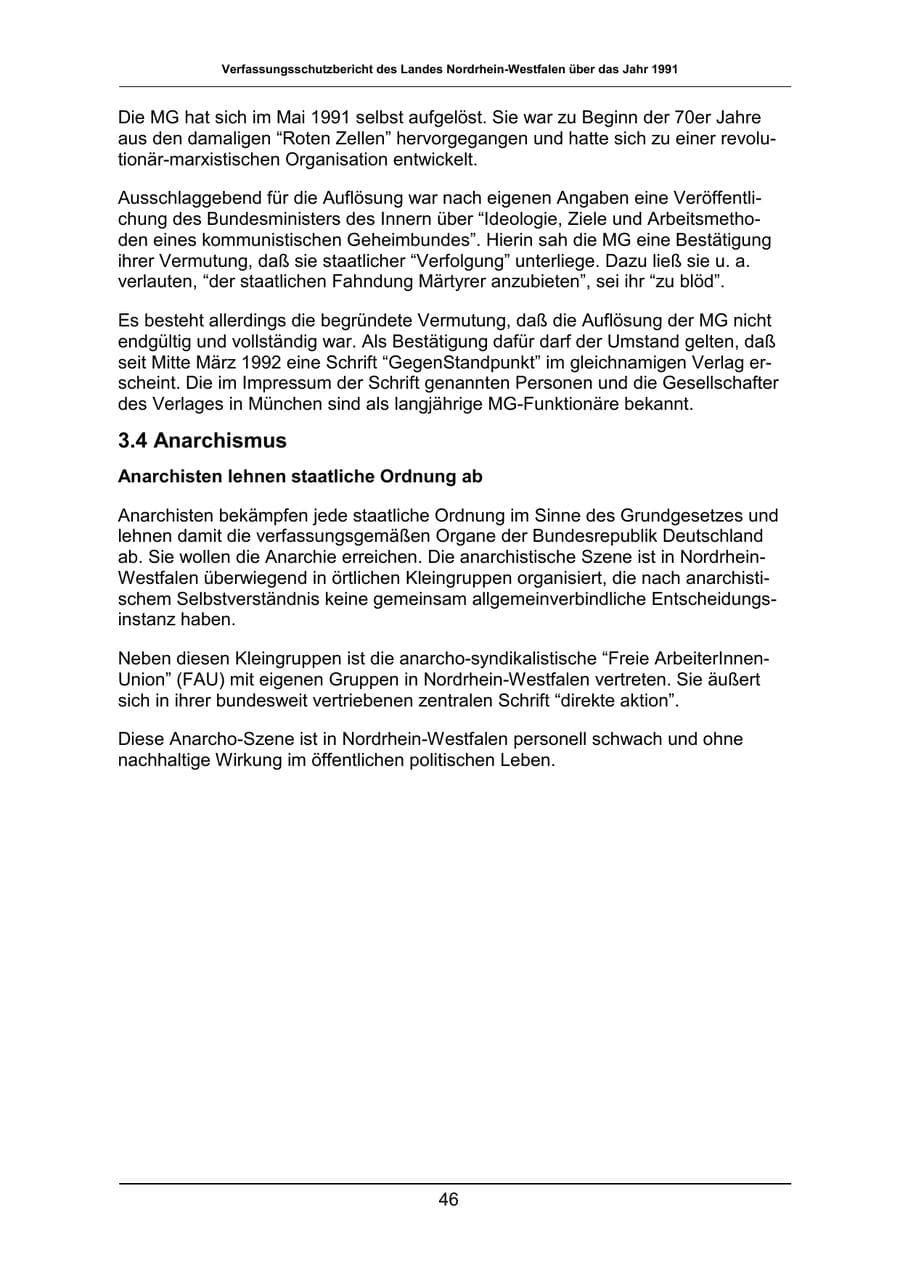 Seite 46 des Verfassungsschutzbericht 1991 Nordrhein-Westfalen
