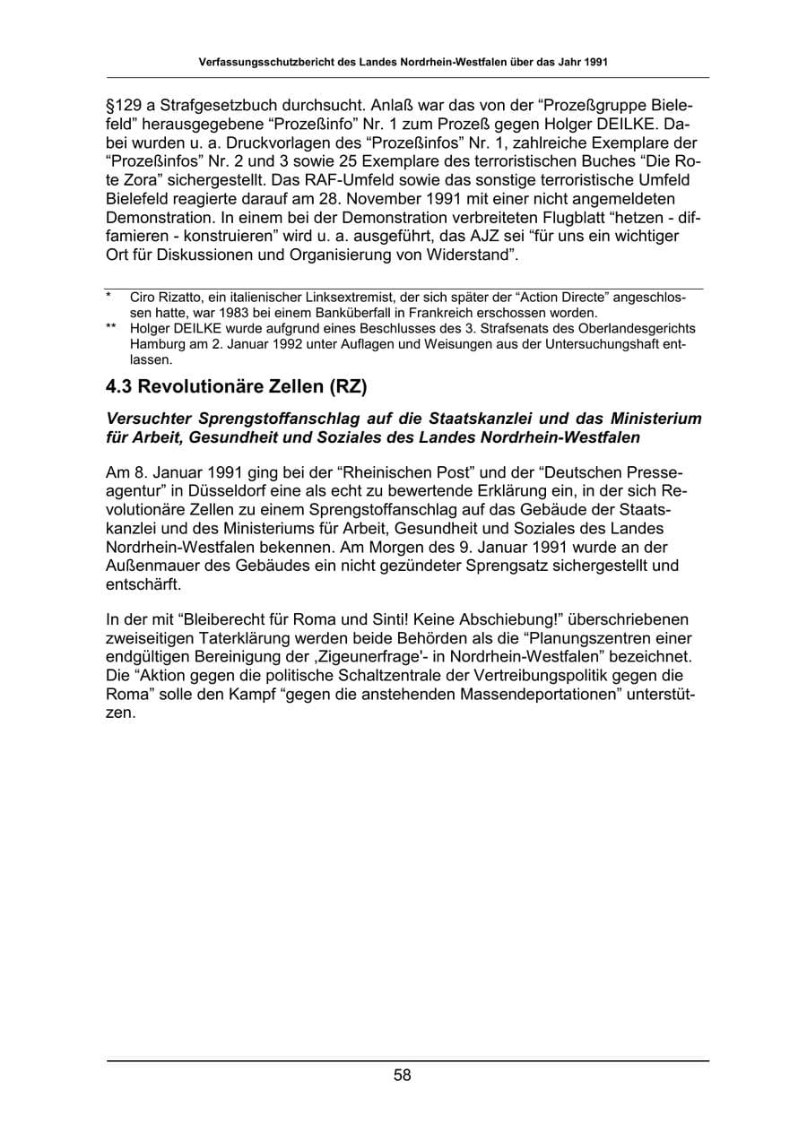 Seite 58 des Verfassungsschutzbericht 1991 Nordrhein-Westfalen