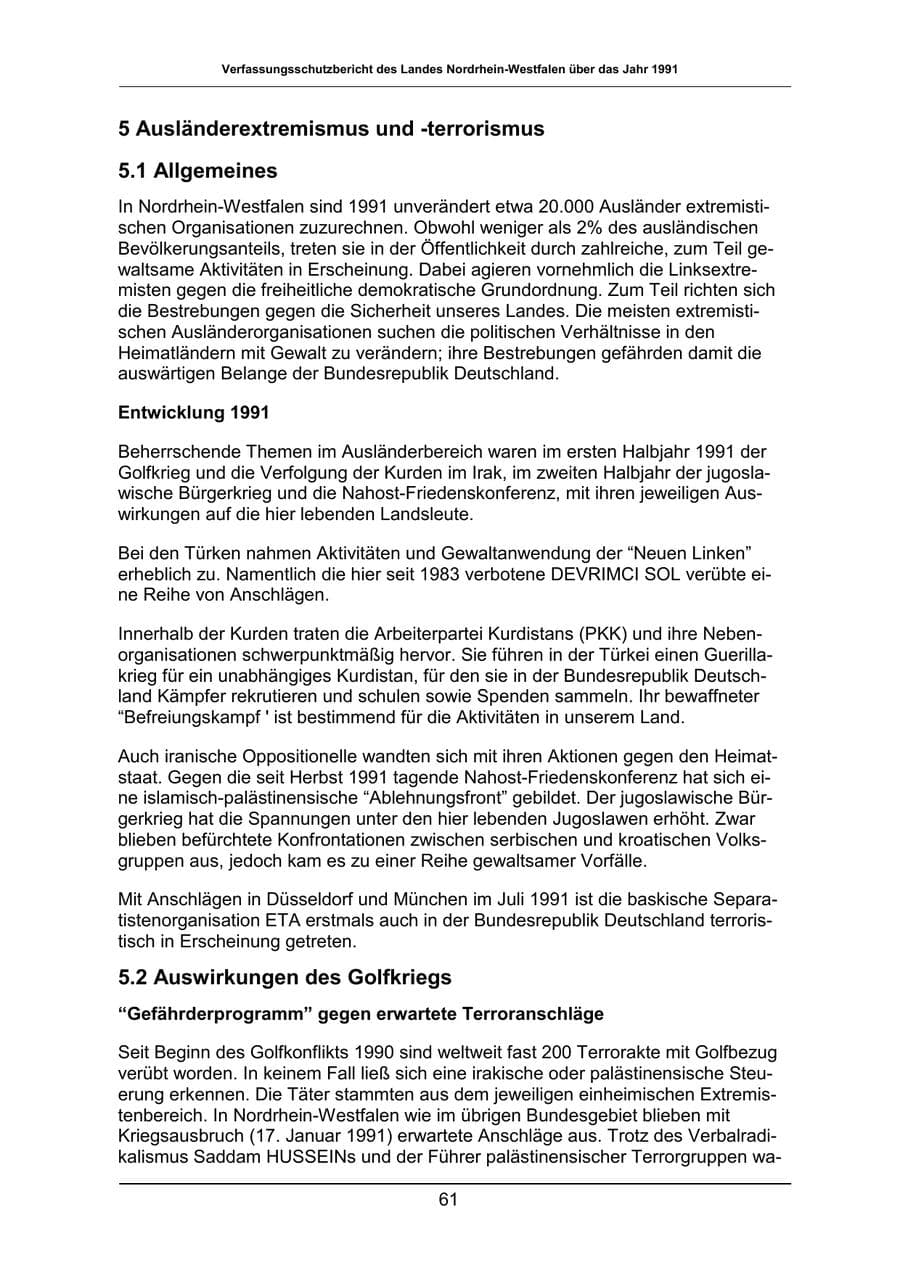 Seite 61 des Verfassungsschutzbericht 1991 Nordrhein-Westfalen