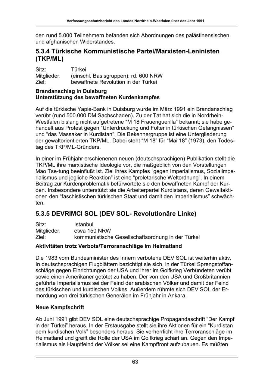 Seite 63 des Verfassungsschutzbericht 1991 Nordrhein-Westfalen