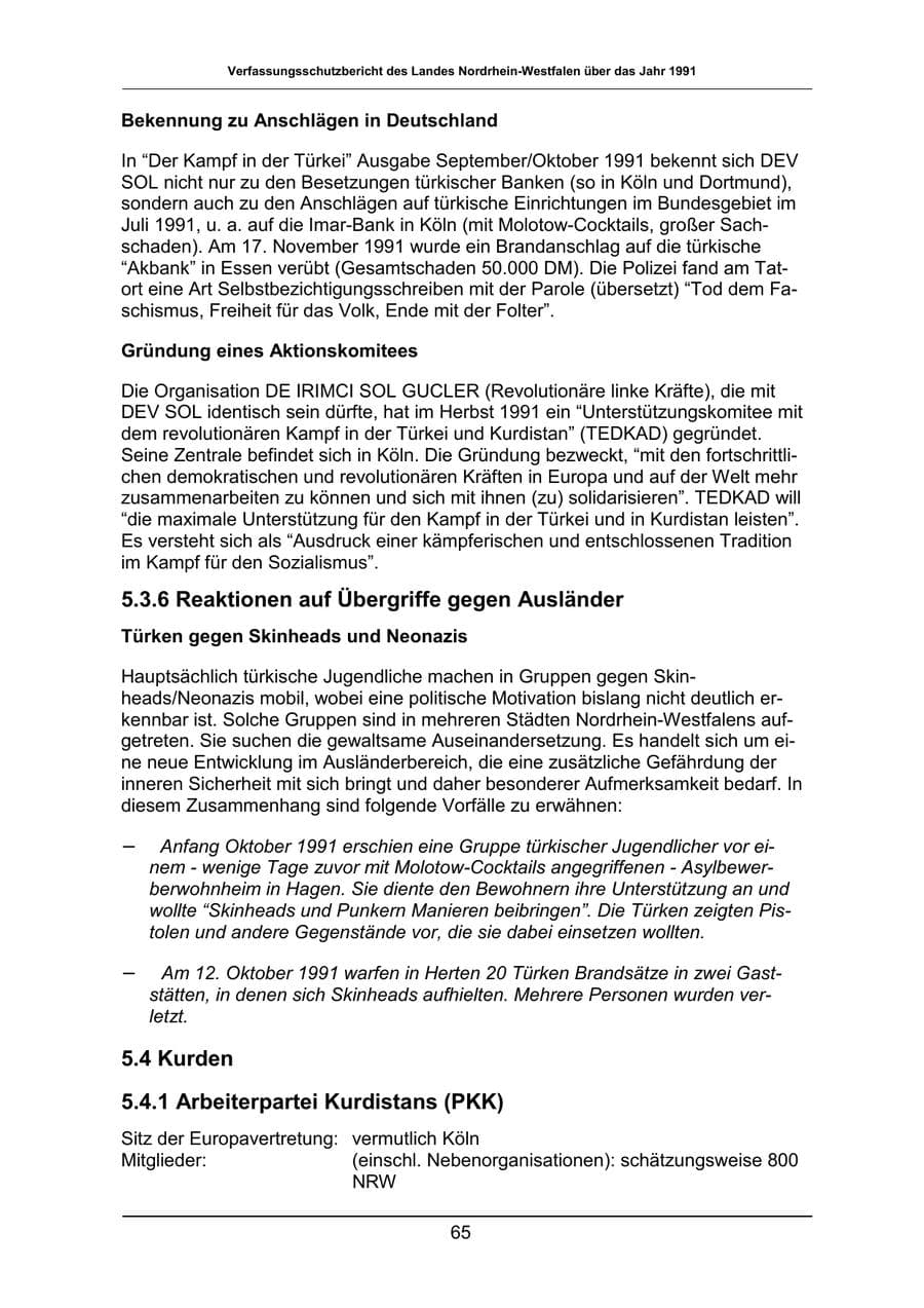 Seite 65 des Verfassungsschutzbericht 1991 Nordrhein-Westfalen