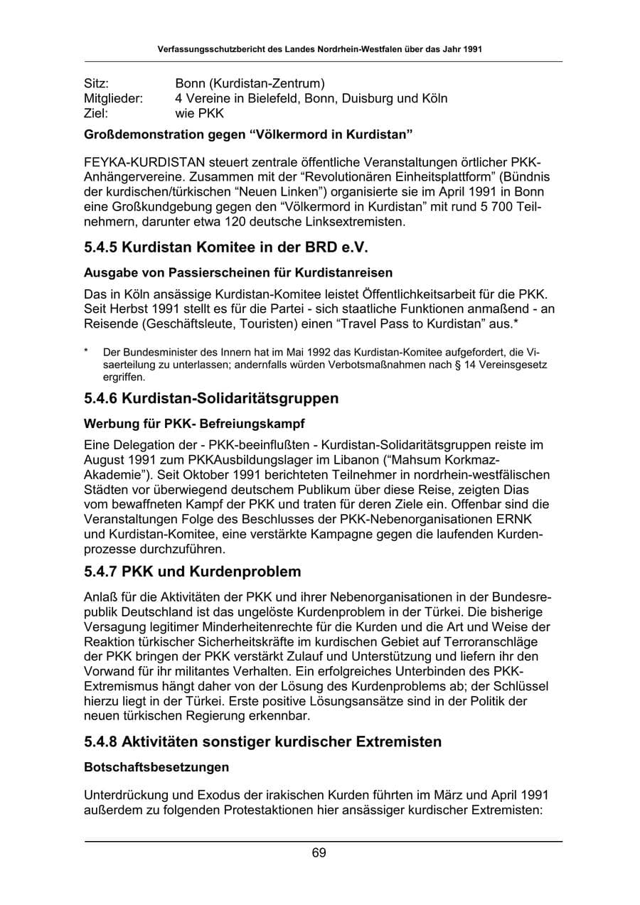 Seite 69 des Verfassungsschutzbericht 1991 Nordrhein-Westfalen