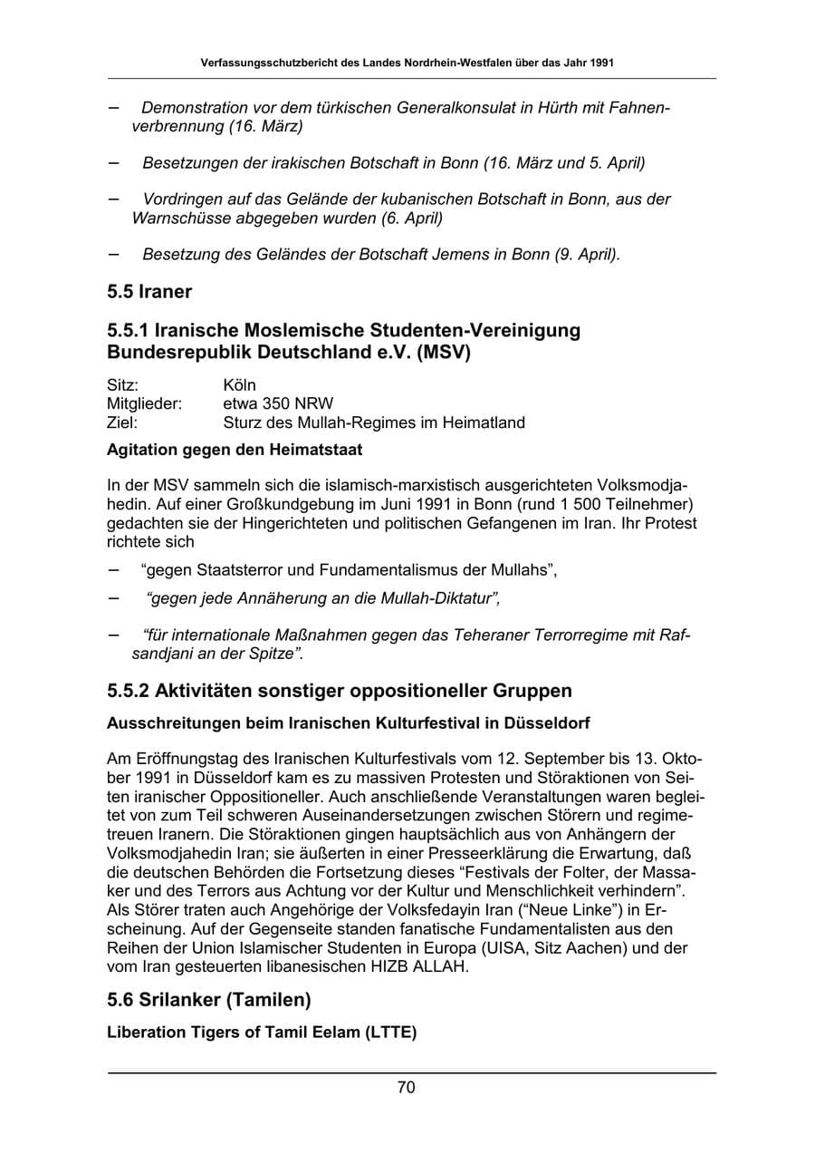 Seite 70 des Verfassungsschutzbericht 1991 Nordrhein-Westfalen