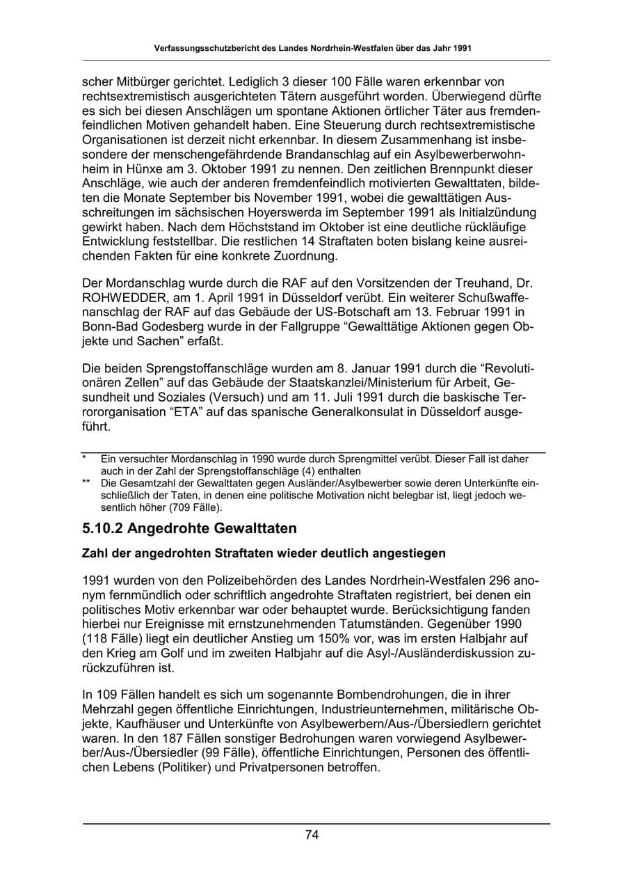 Seite 74 des Verfassungsschutzbericht 1991 Nordrhein-Westfalen