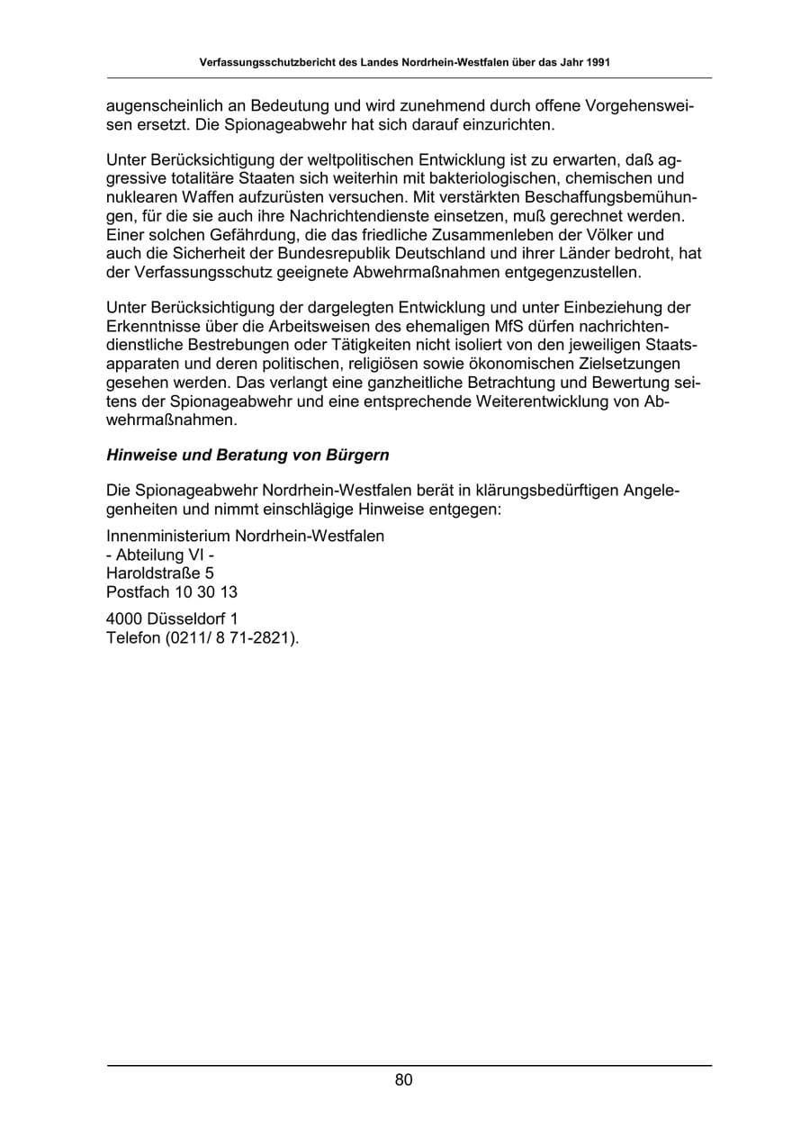Seite 80 des Verfassungsschutzbericht 1991 Nordrhein-Westfalen