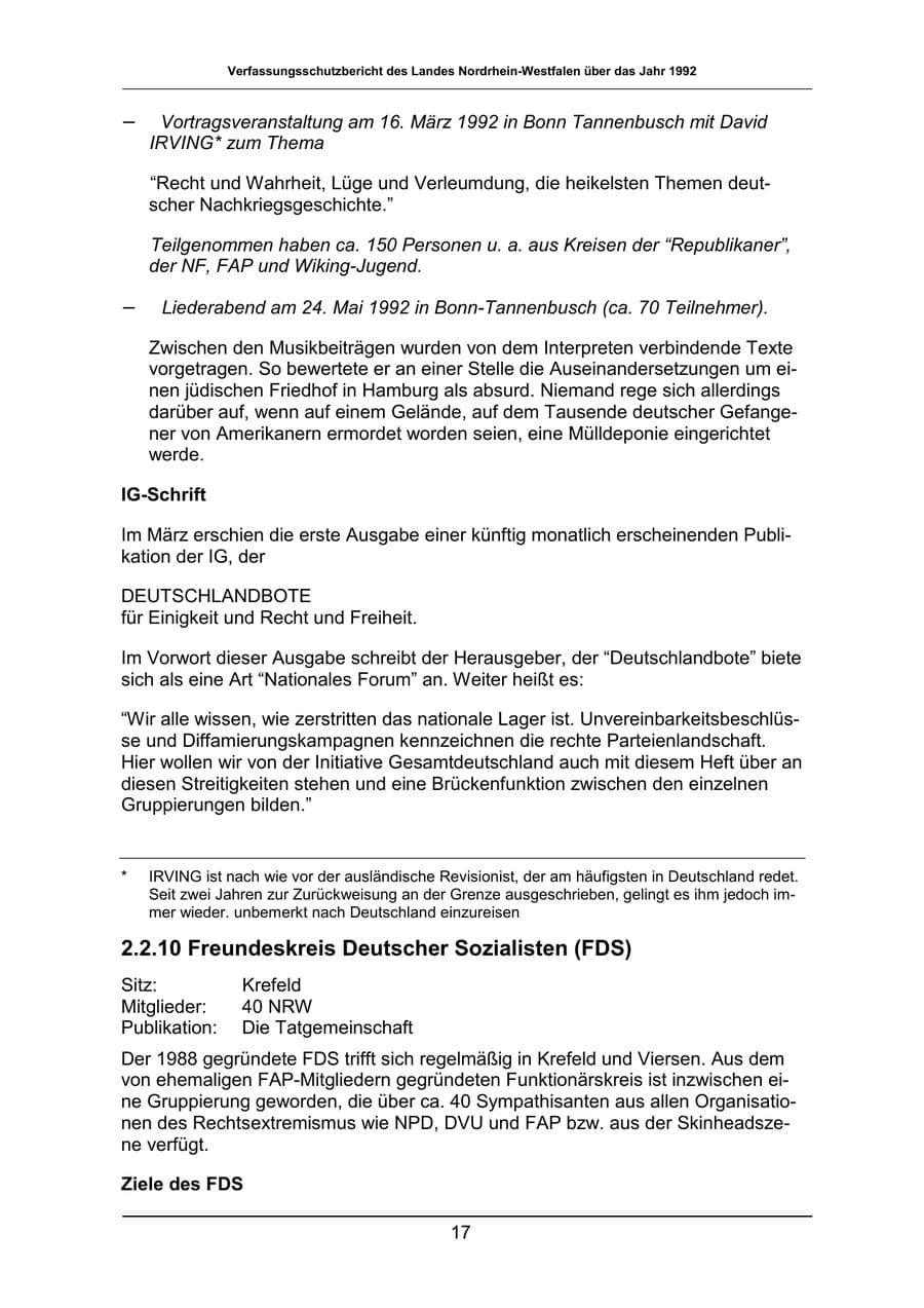 Seite 17 des Verfassungsschutzbericht 1992 Nordrhein-Westfalen