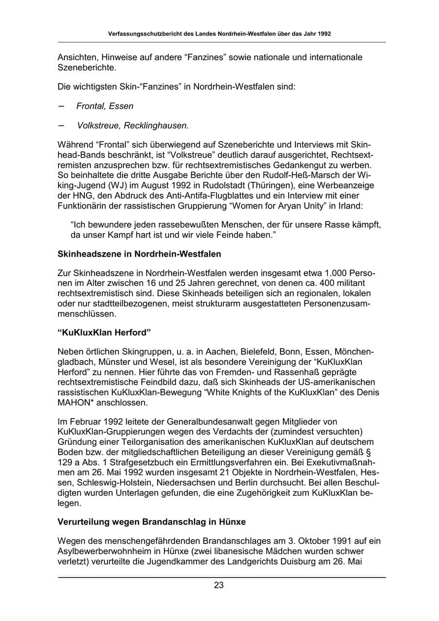 Seite 23 des Verfassungsschutzbericht 1992 Nordrhein-Westfalen