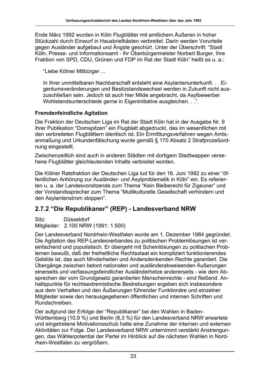 Seite 33 des Verfassungsschutzbericht 1992 Nordrhein-Westfalen