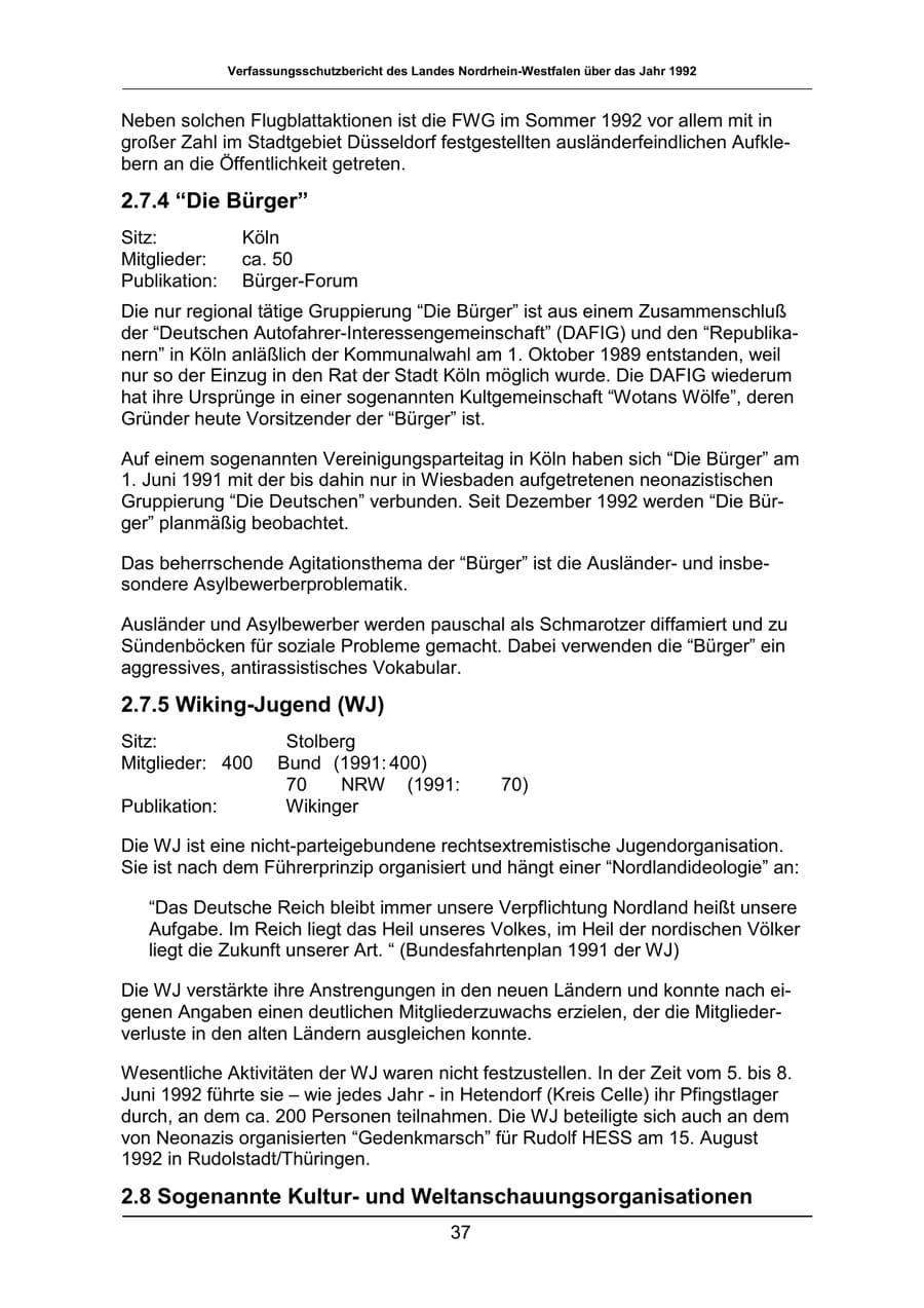 Seite 37 des Verfassungsschutzbericht 1992 Nordrhein-Westfalen