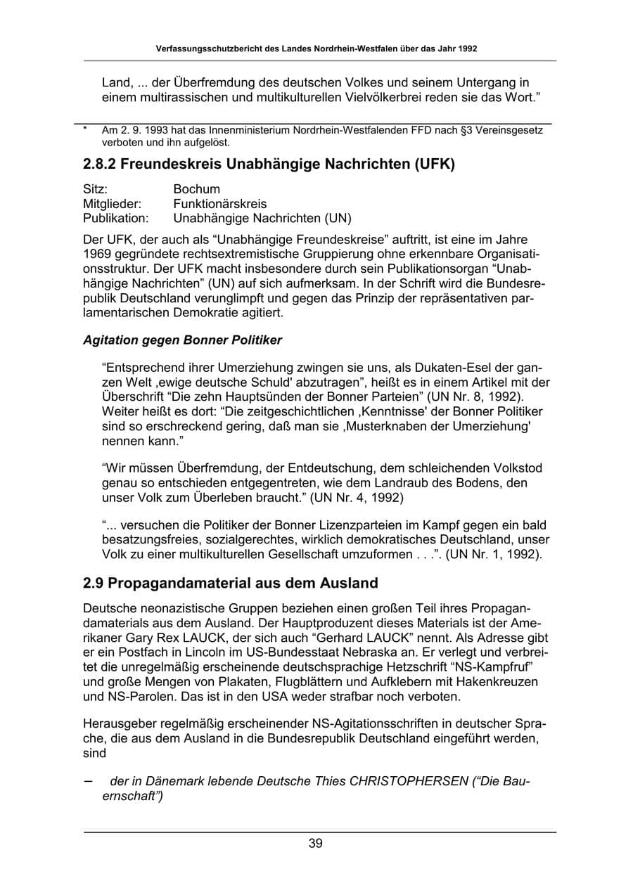 Seite 39 des Verfassungsschutzbericht 1992 Nordrhein-Westfalen