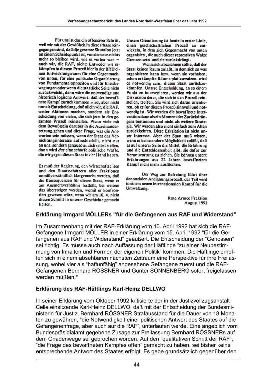 Seite 44 des Verfassungsschutzbericht 1992 Nordrhein-Westfalen