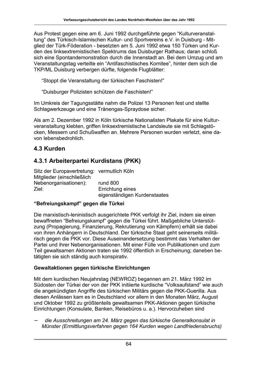 Seite 64 des Verfassungsschutzbericht 1992 Nordrhein-Westfalen