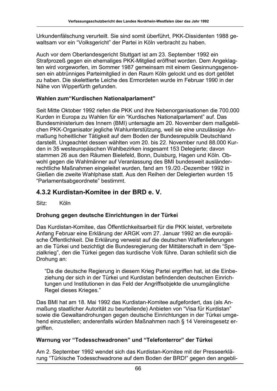 Seite 66 des Verfassungsschutzbericht 1992 Nordrhein-Westfalen