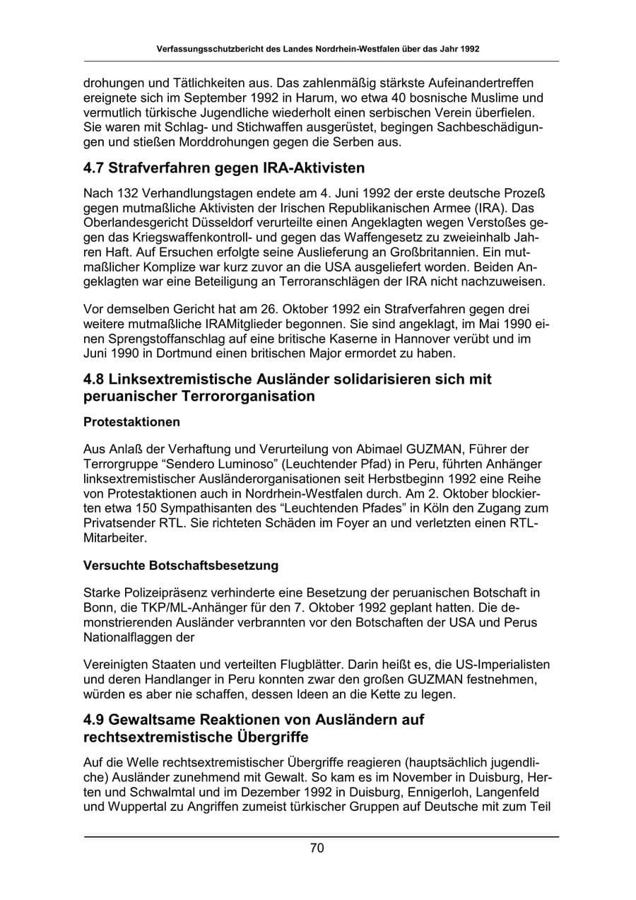 Seite 70 des Verfassungsschutzbericht 1992 Nordrhein-Westfalen