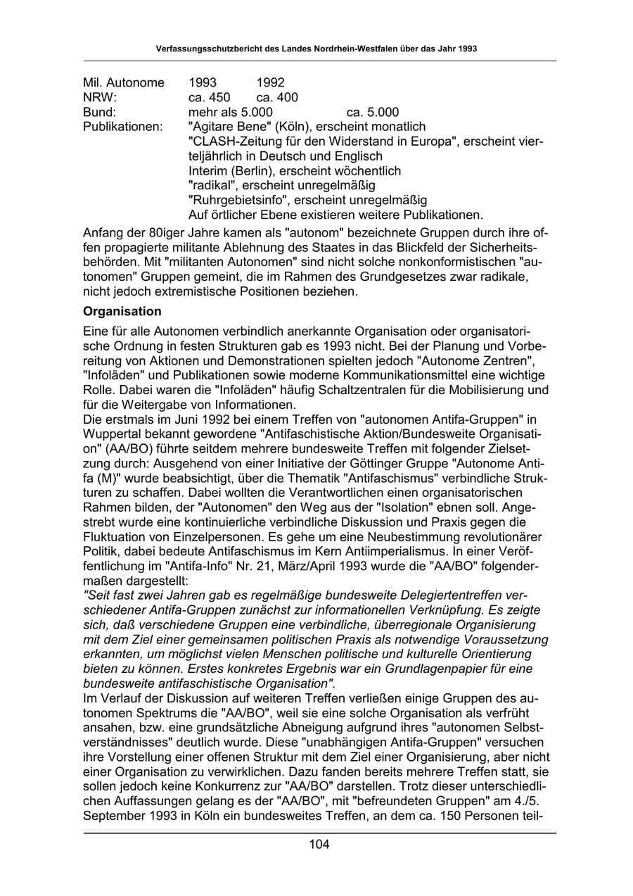 Seite 104 des Verfassungsschutzbericht 1993 Nordrhein-Westfalen