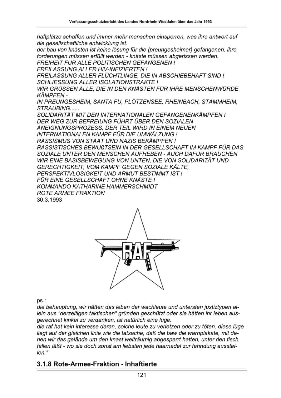 Seite 121 des Verfassungsschutzbericht 1993 Nordrhein-Westfalen
