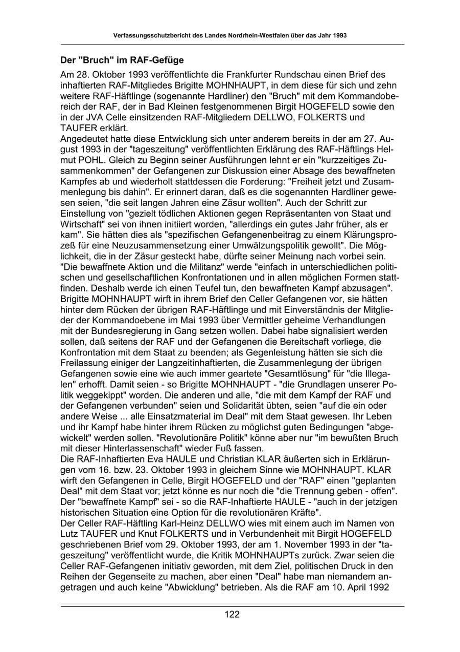 Seite 122 des Verfassungsschutzbericht 1993 Nordrhein-Westfalen
