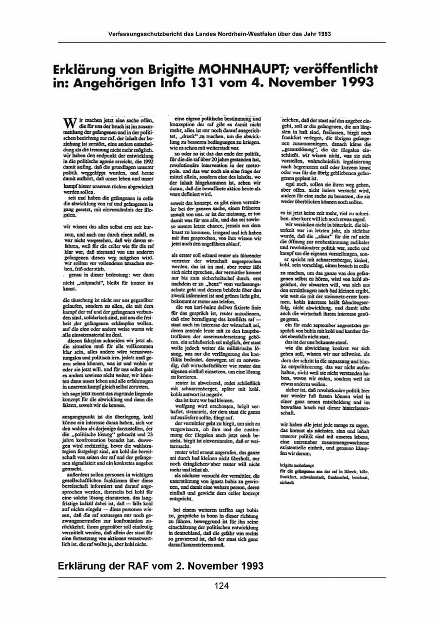 Seite 124 des Verfassungsschutzbericht 1993 Nordrhein-Westfalen