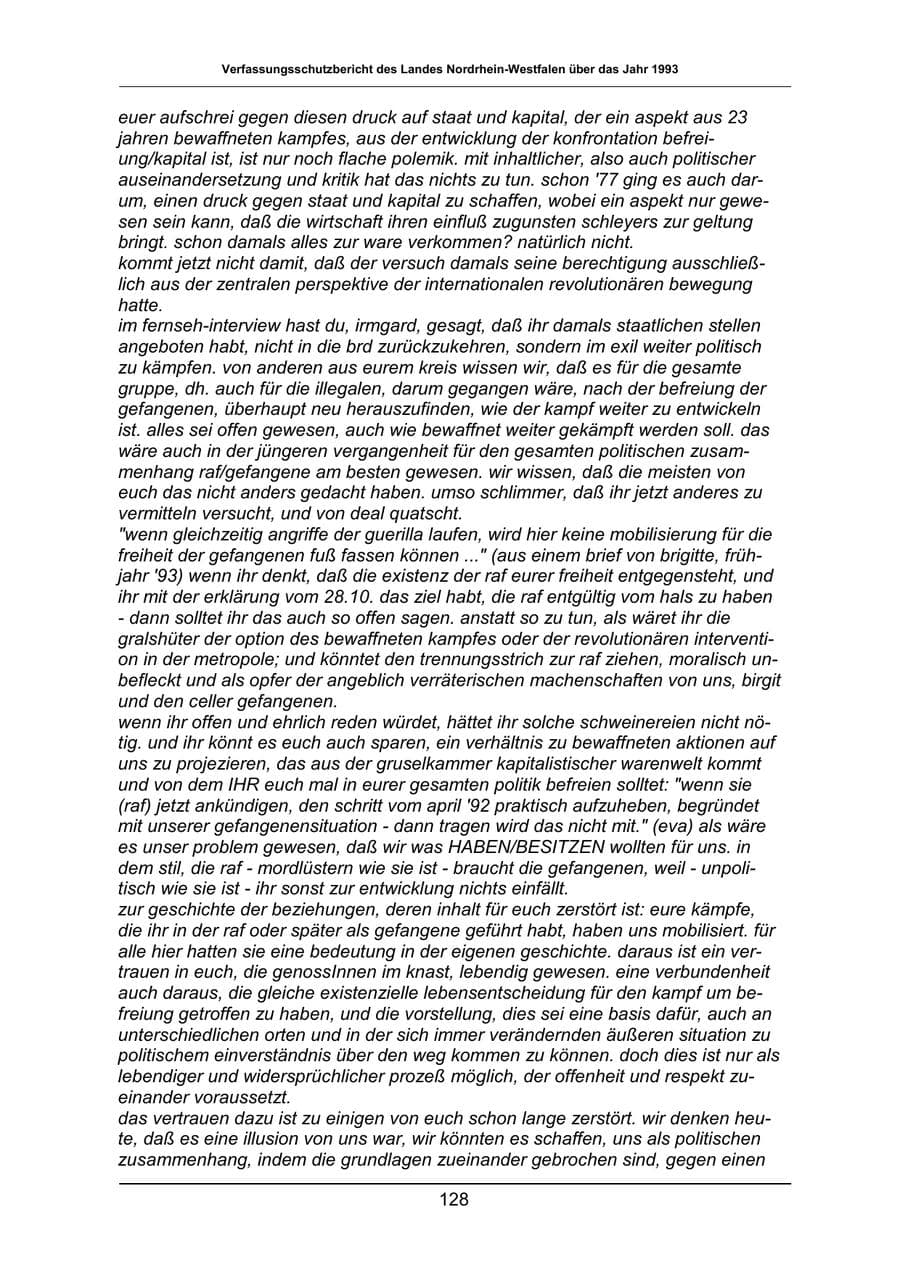 Seite 128 des Verfassungsschutzbericht 1993 Nordrhein-Westfalen