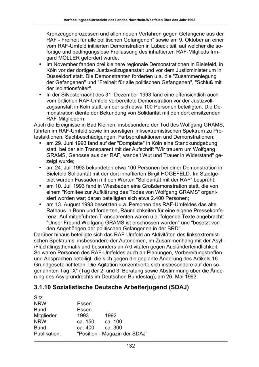 Seite 132 des Verfassungsschutzbericht 1993 Nordrhein-Westfalen
