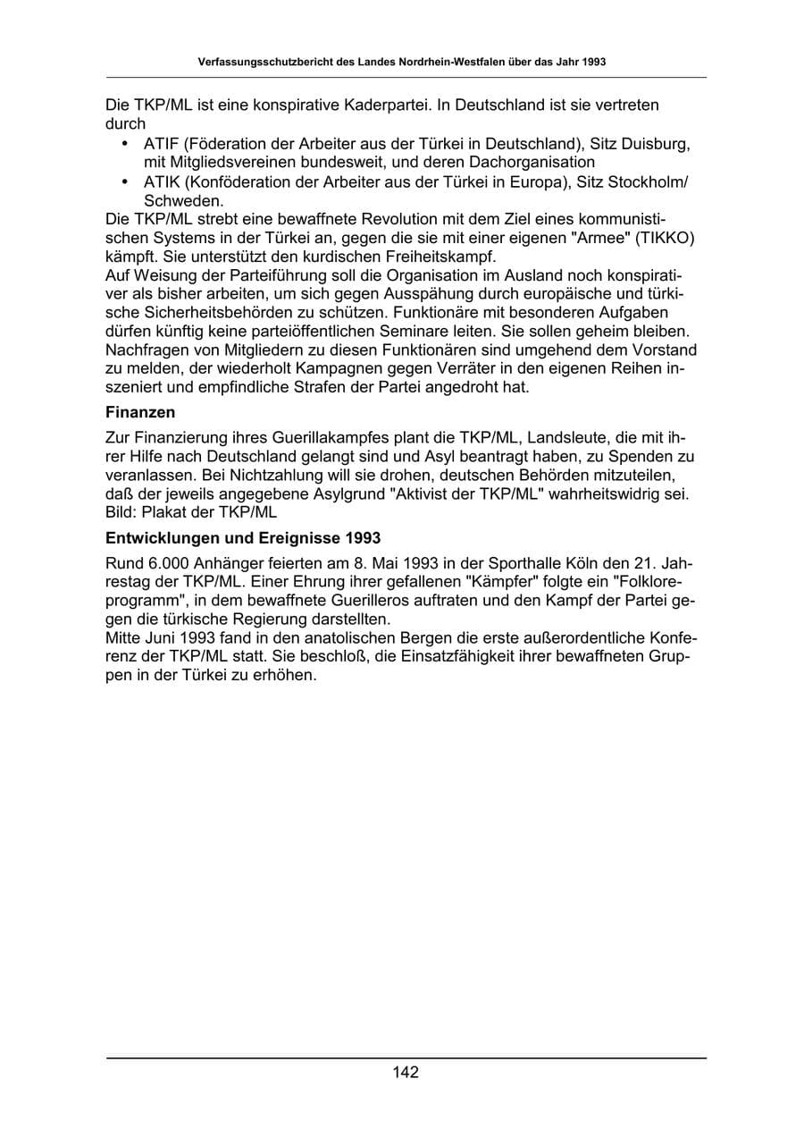 Seite 142 des Verfassungsschutzbericht 1993 Nordrhein-Westfalen